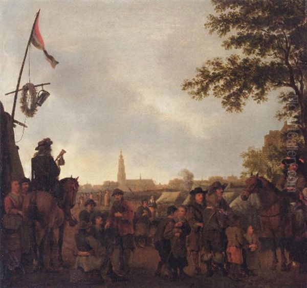 Officers And Townfolks At An Encampment Outside Breda Oil Painting by Abraham Van Calraet