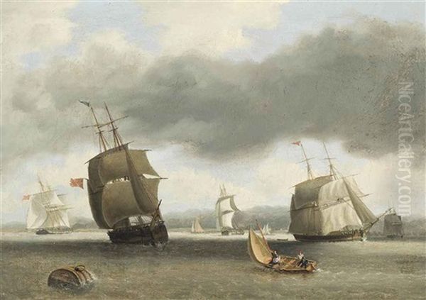 Trading Brigs And Other Coastal Craft Inshore Oil Painting by Frederick Calvert
