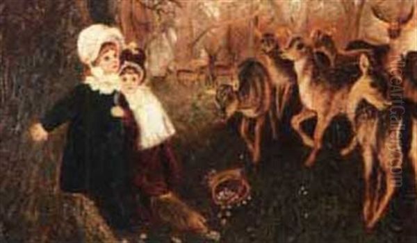Two Girls With Deer Oil Painting by Jennie C. Calvert