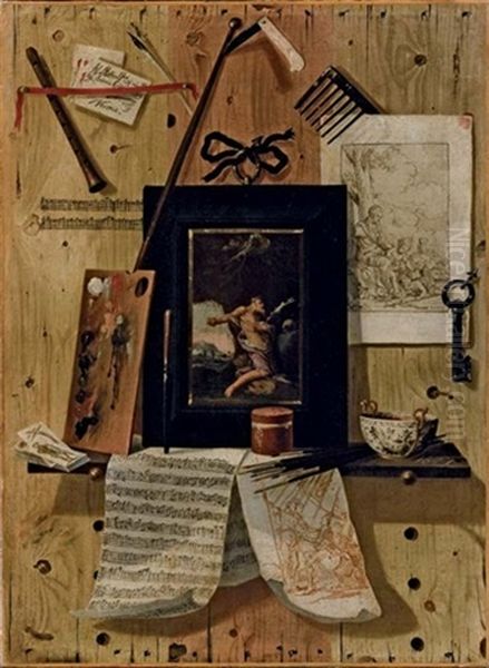 Trompe L'oeil Con Un Disegno, Un'incisione Di Carlo Sferini, Uno Spartito Musicale, Una Tavolozza Di Colori Ed Un Quadro Raffigurante San Girolamo Oil Painting by Antonio Calza