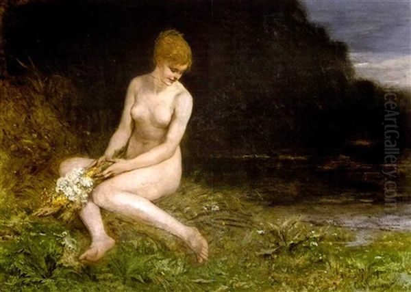 Baigneuse Au Bouquet De Fleurs Dans Un Paysage Oil Painting by Camille Van Camp