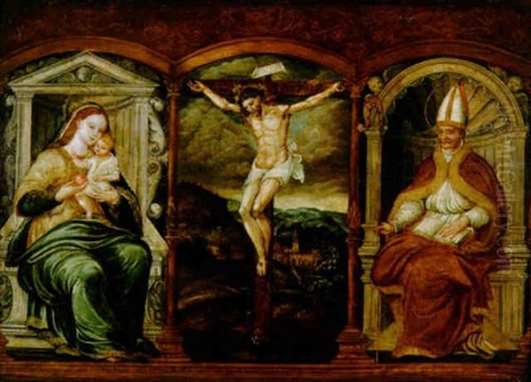 Der Gekreuzigte Christus Zwischen Maria Mit Dem Christuskind Und Dem Bischof Isidoro Oil Painting by Pedro Campana