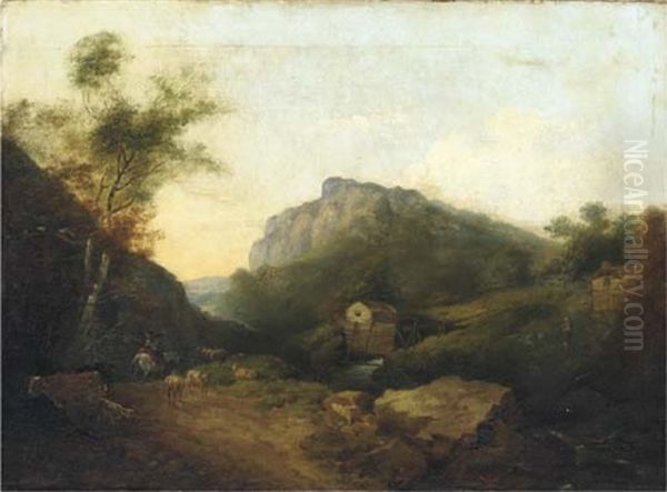 Landscape With Figures On Horseback And Cattle And Sheep By A River Oil Painting by John Henry Campbell