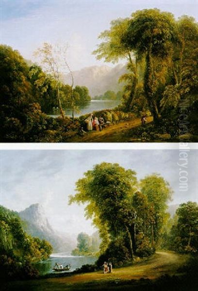 Wooded River Landscapes With Figures On A Path Oil Painting by John Henry Campbell