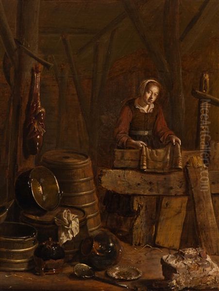 Barn Interior With Crockery Oil Painting by Govert Dircksz. Camphuysen