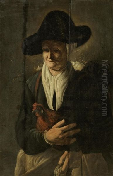 An Elderly Lady Holding A Chicken Oil Painting by Govert Dircksz. Camphuysen