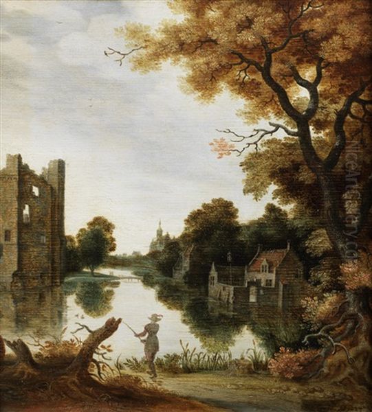 A River Landscape With A Fisherman Before A Village Oil Painting by Govert Dircksz. Camphuysen