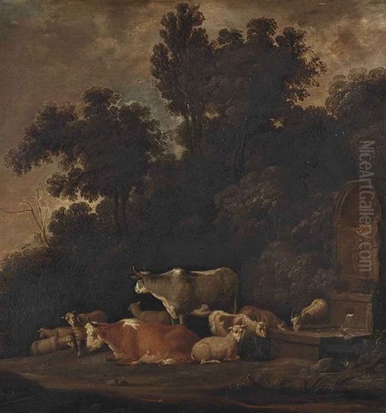 A Wooded Landscape With Cattle, Sheep And Goats By A Fountain Oil Painting by Govert Dircksz. Camphuysen