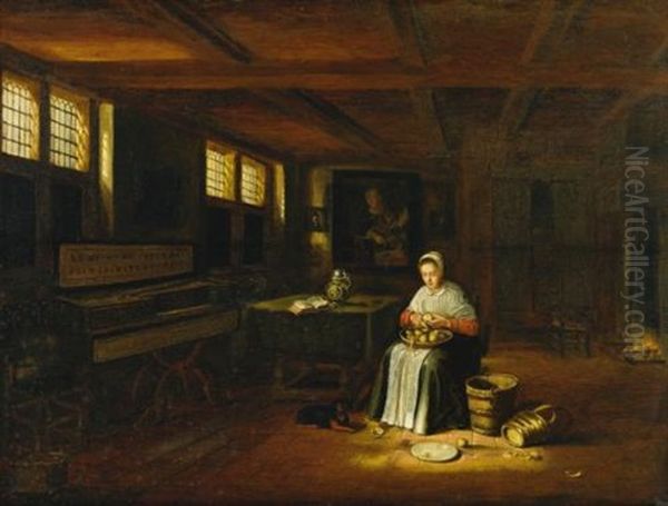 A Woman In An Interior Peeling Vegetables Oil Painting by Govert Dircksz. Camphuysen