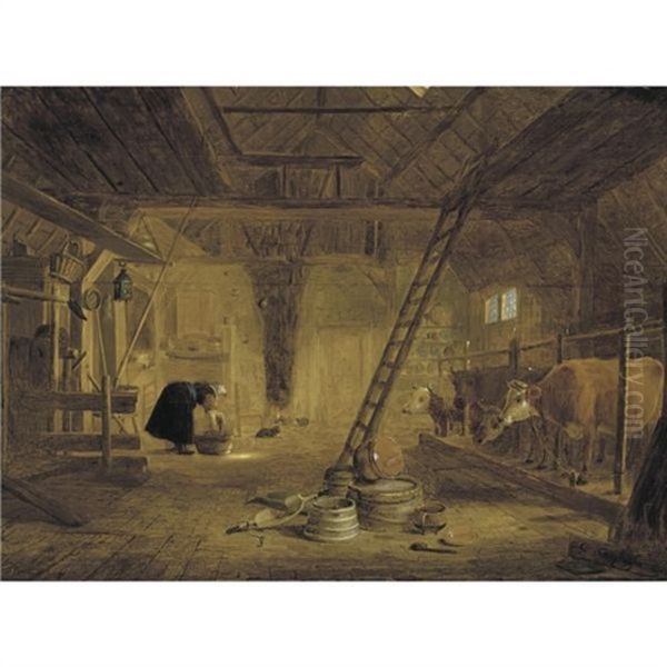 A Barn Interior With Four Cows, A Milk Maid Cleaning A Pot, And Earthenware Pots In The Foreground Oil Painting by Govert Dircksz. Camphuysen