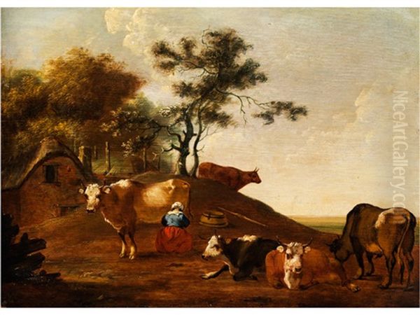 Bauerin Beim Melken In Hugeliger Landschaft Neben Kuhen Oil Painting by Govert Dircksz. Camphuysen