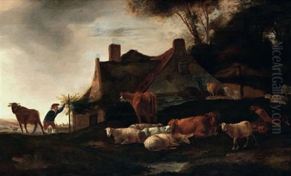 Kuhhirte Mit Kuhen Und Schafen Vor Dem Gehoft Oil Painting by Govert Dircksz. Camphuysen