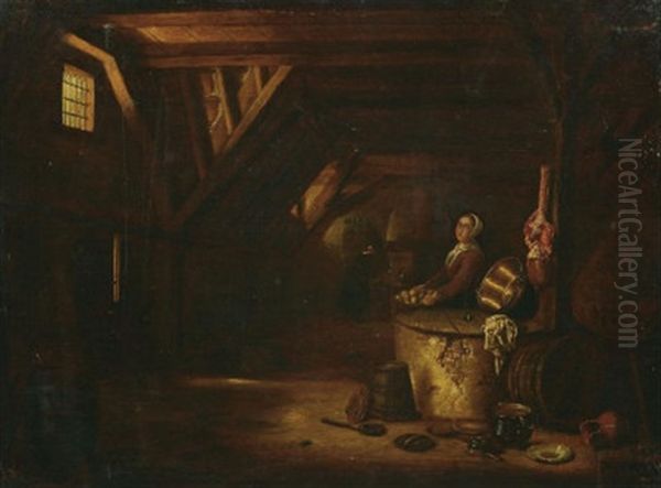Zwei Magde In Der Kuche, Speisen Zubereitend, Im Vordergrund Diverse Kuchenutensilien Oil Painting by Govert Dircksz. Camphuysen