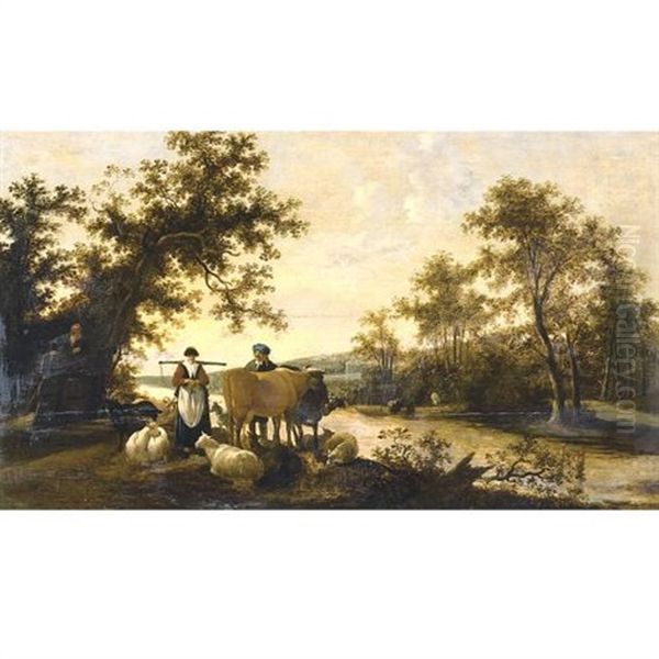 A River Landscape With Peasants And Livestock Oil Painting by Govert Dircksz. Camphuysen