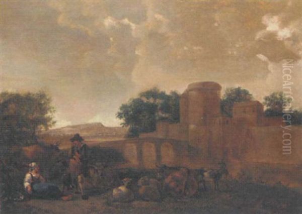 A Shepherd And Shepherdess Resting Near A Fortified Town Oil Painting by Govert Dircksz. Camphuysen