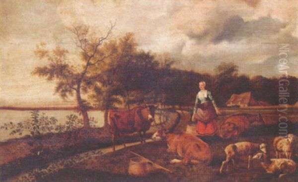 Landskap Med Mjolkpiga Och Boskap Oil Painting by Govert Dircksz. Camphuysen