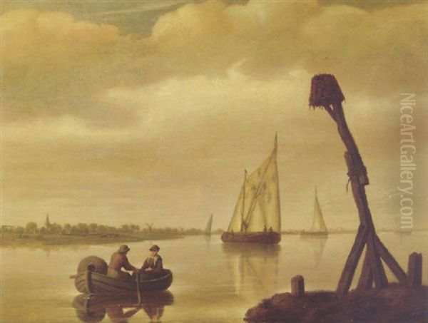 River Landscape With A Barge And Peasants Oil Painting by Govert Dircksz. Camphuysen