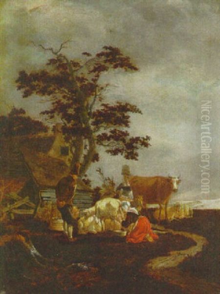 A Peasant, A Milkmaid And A Washerwoman With Sheep And A Cow Outside A Cottage Oil Painting by Govert Dircksz. Camphuysen