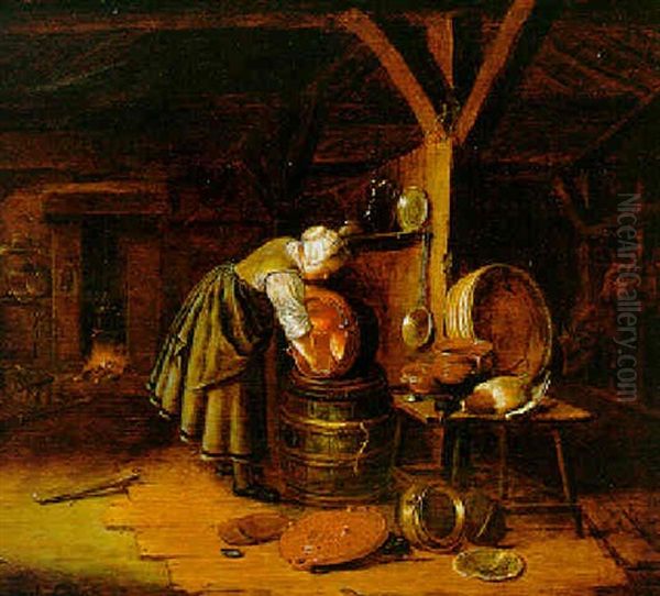 A Scullery Maid Scrubbing A Copper Pot In A Kitchen Interior Oil Painting by Govert Dircksz. Camphuysen