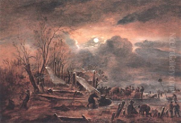 A Moonlit Winter Landscape With Skaters And Sleighs On A Frozen River Oil Painting by Govert Dircksz. Camphuysen