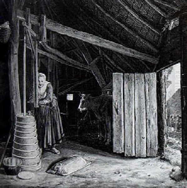 Interior Of A Barn With A Milkmaid Churning Butter Oil Painting by Govert Dircksz. Camphuysen