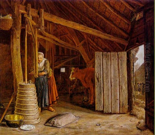 Interior Of A Barn With Milkmaid Churning Butter Oil Painting by Govert Dircksz. Camphuysen
