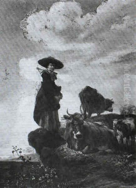 Milkmaid Standing On A Bank With Her Cattle Oil Painting by Govert Dircksz. Camphuysen