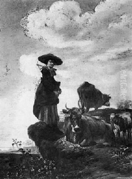 A Milkmaid Standing On The Lip Of A Bank Beside Her Herd Of Cattle And Sheep With A River Valley Beyond Oil Painting by Govert Dircksz. Camphuysen