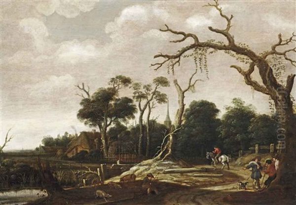 A Wooded Landscape With Travellers On A Road, A Swineherd Near The River Bank And A Village Beyond Oil Painting by Joachim Govertsz. Camphuysen