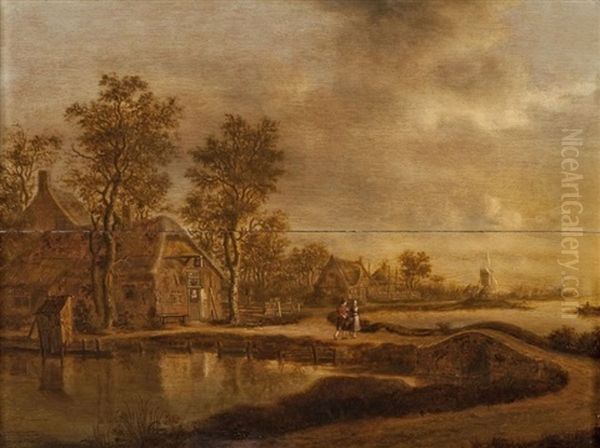 Paysage De Riviere Avec Deux Paysans Pres D'une Chaumiere Oil Painting by Joachim Govertsz. Camphuysen