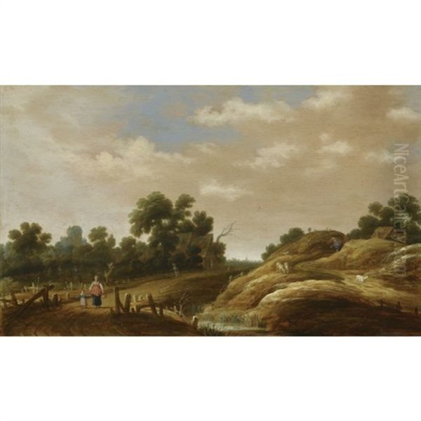 A Dune Landscape With A Peasant Woman And Child On A Path, Farm Houses Beyond Oil Painting by Joachim Govertsz. Camphuysen