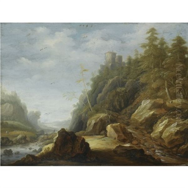 A Rocky Mountain Landscape With A Stronghold On A Hill Top, Shepherds With Their Flock Beyond Oil Painting by Joachim Govertsz. Camphuysen