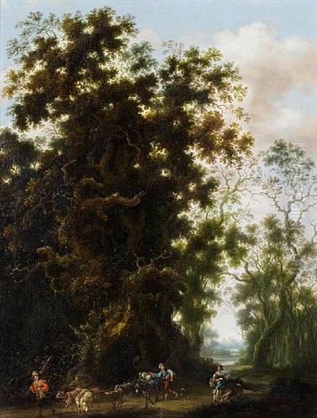 A Wooded Landscape With A Shepherd And His Flock On A Country Path Oil Painting by Joachim Govertsz. Camphuysen