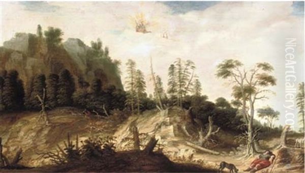 A Rocky Landscape With Venus And Adonis Oil Painting by Joachim Govertsz. Camphuysen