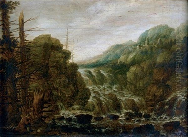 A Mountainous Wooded Landscape With A Man Resting Beside A Cascade, A Hill Top Town In The Distance Oil Painting by Joachim Govertsz. Camphuysen