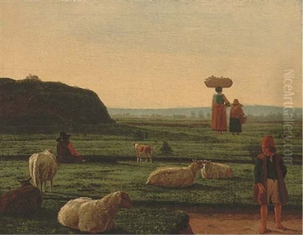 A Shepherd And His Flock With Farm Hands Oil Painting by Joachim Govertsz. Camphuysen