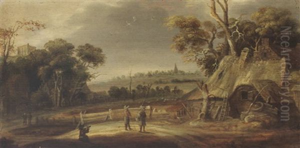 A Wooded Landscape With Figures Conversing Near A Farm And Travellers On A Path, A Village Beyond Oil Painting by Joachim Govertsz. Camphuysen