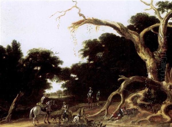 A Wooded Landscape With Travellers On Horses On A Path Oil Painting by Joachim Govertsz. Camphuysen