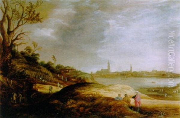 Travellers On A Road, The Vendange Beyond, A Town In The Distance Oil Painting by Joachim Govertsz. Camphuysen