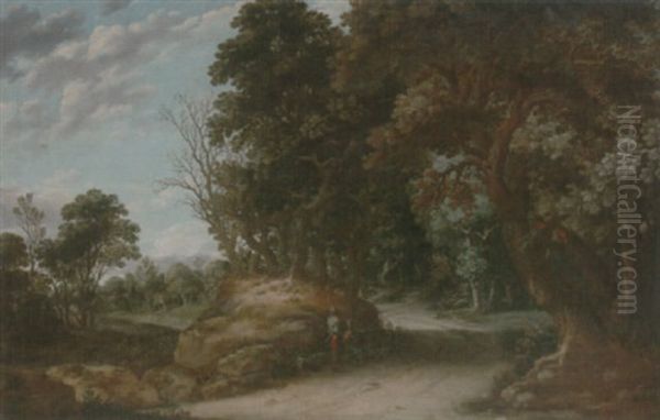 A Wooded Landscape With Travellers Resting On A Path Oil Painting by Joachim Govertsz. Camphuysen