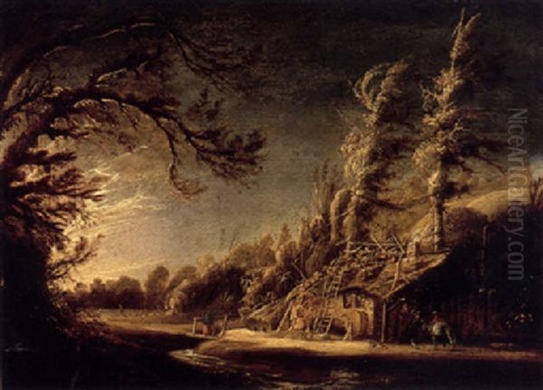 A Wooded Landscape With Peasants And A Donkey Before A Cottage Oil Painting by Joachim Govertsz. Camphuysen