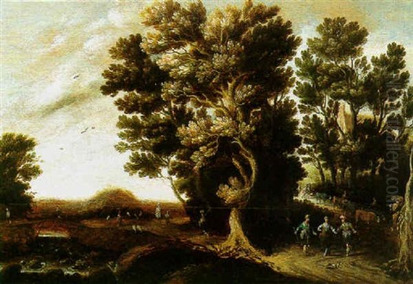 A River Landscape With Herdsmen And Animals On A Track Oil Painting by Joachim Govertsz. Camphuysen
