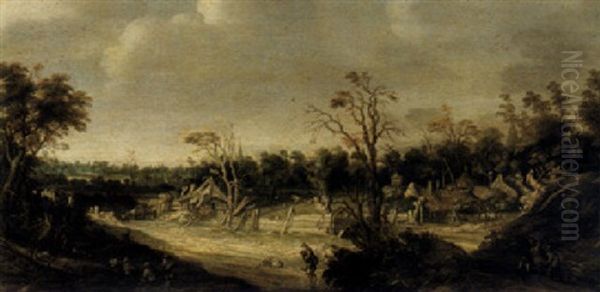 An Extensive Wooded Landscape With Travellers And A Settlement Beyond Oil Painting by Joachim Govertsz. Camphuysen