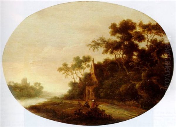 A Peasant Woman And Child With A Traveller On A Track, Sunset Oil Painting by Joachim Govertsz. Camphuysen