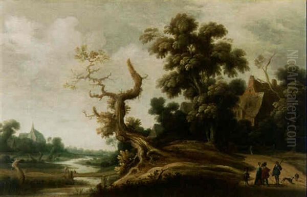 A River Landscape With Travellers Conversing On A Path Oil Painting by Joachim Govertsz. Camphuysen