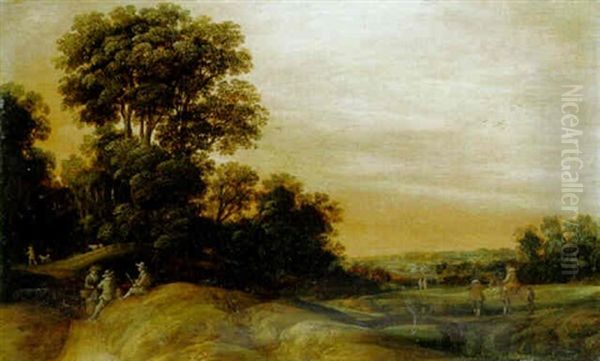 A Wooded Landscape With Peasants Conversing On A Track Oil Painting by Joachim Govertsz. Camphuysen