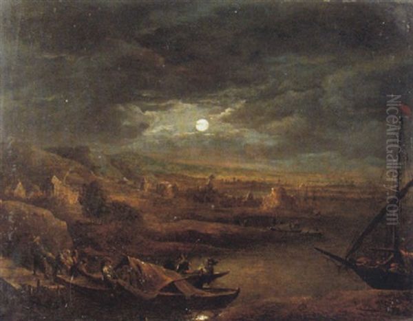 Flusslandschaft Bei Mondschein Oil Painting by Rafael Govaertsz Camphuysen