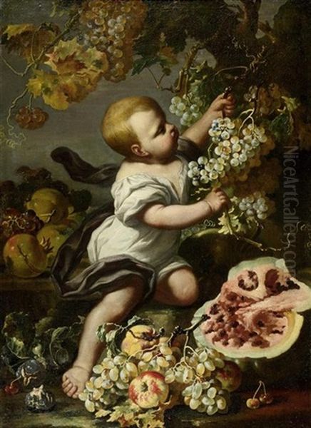 Stillleben Mit Trauben, Melone Und Putto Oil Painting by Michelangelo di Campidoglio