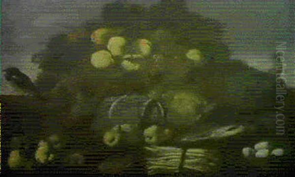 Natura Morta Di Frutta E Ortaggi Con Uova E Uccellino Oil Painting by Michelangelo di Campidoglio