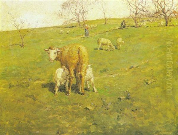 Pascolo Con Figure Oil Painting by Alceste Campriani